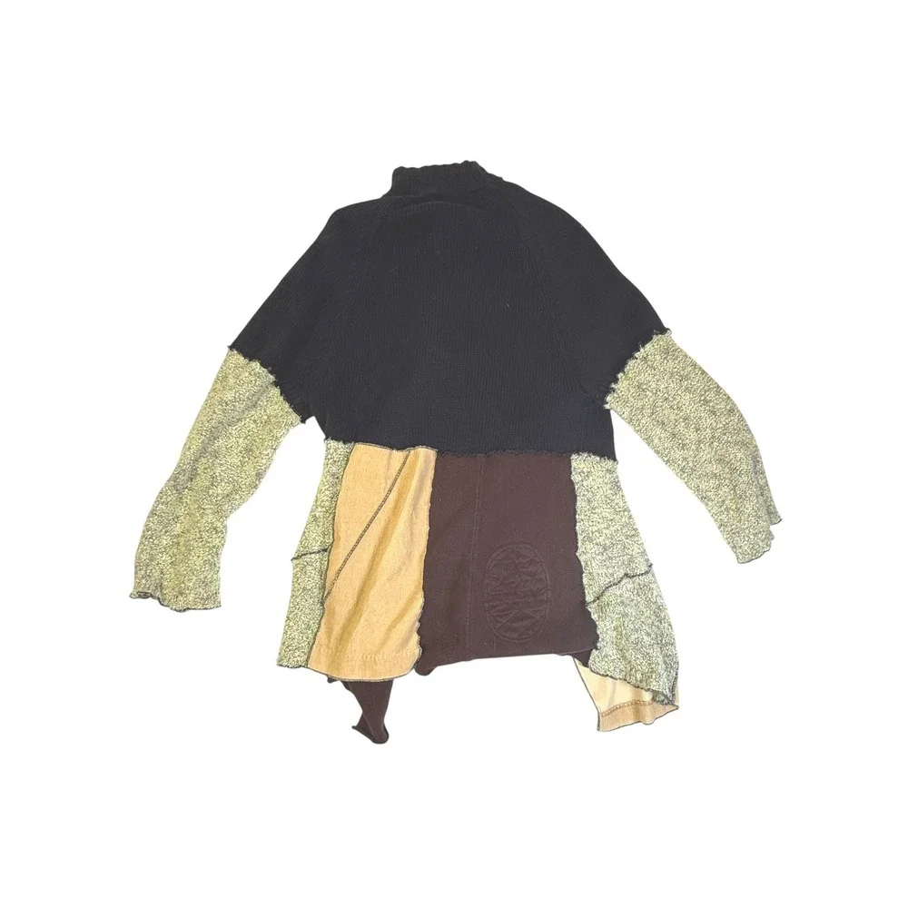Old Navy Patchwork Boho‎ Cardigan Black Green Tan Mock Neck Long Sweater Sz S